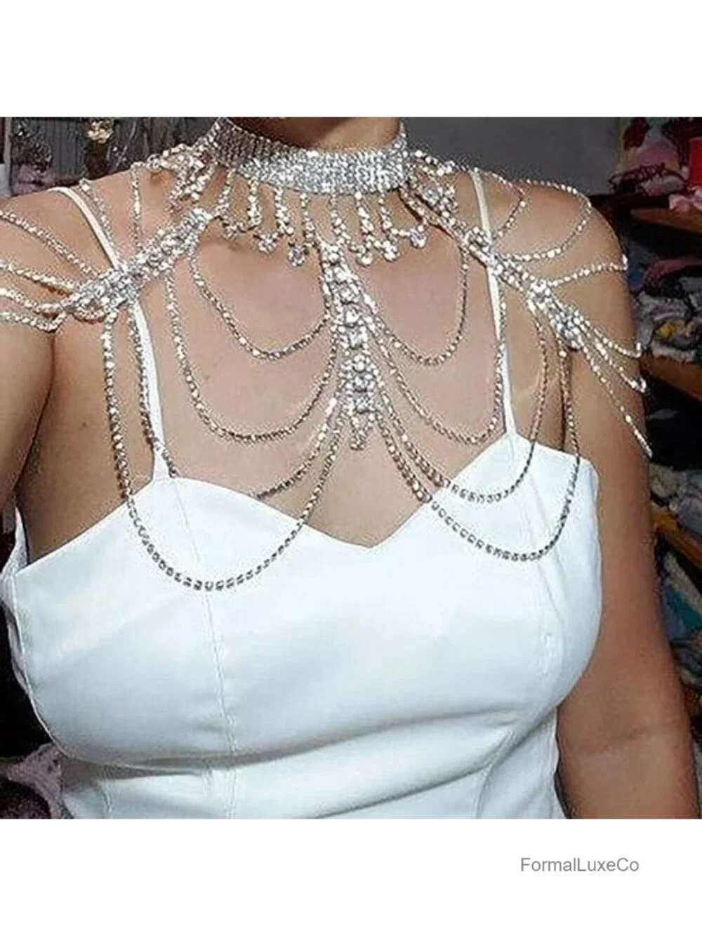 Rhinestone Shoulder Necklace Body Collar Crystal Tassel Chain Bridal Jewelry